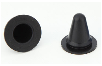 Two black MWS elastomer seals, shown from the opening and side